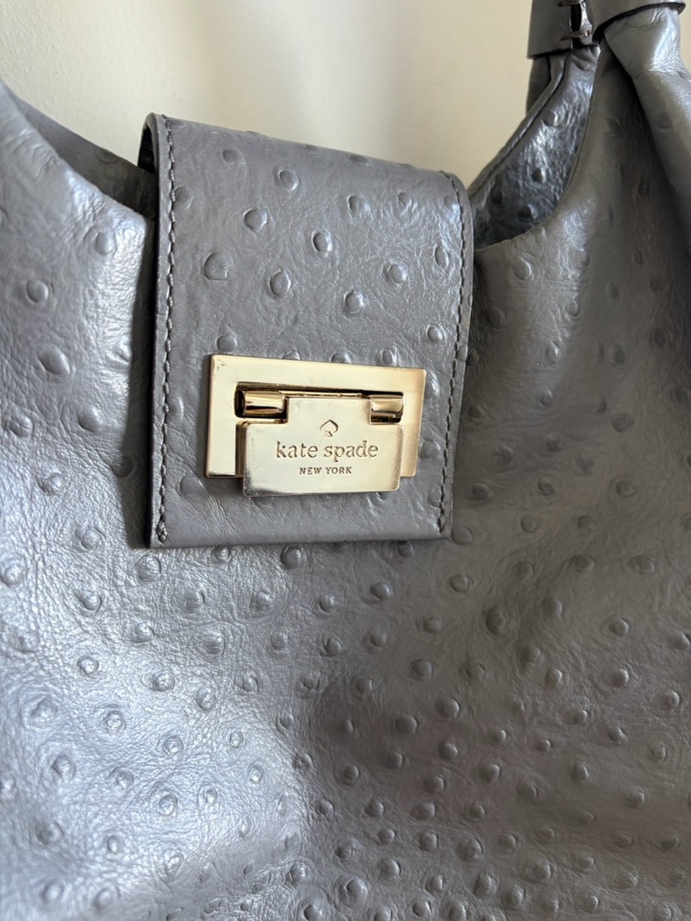 kate spade Gray Ostrich-Textured Leather Tote with Gold-Tone Plaque
